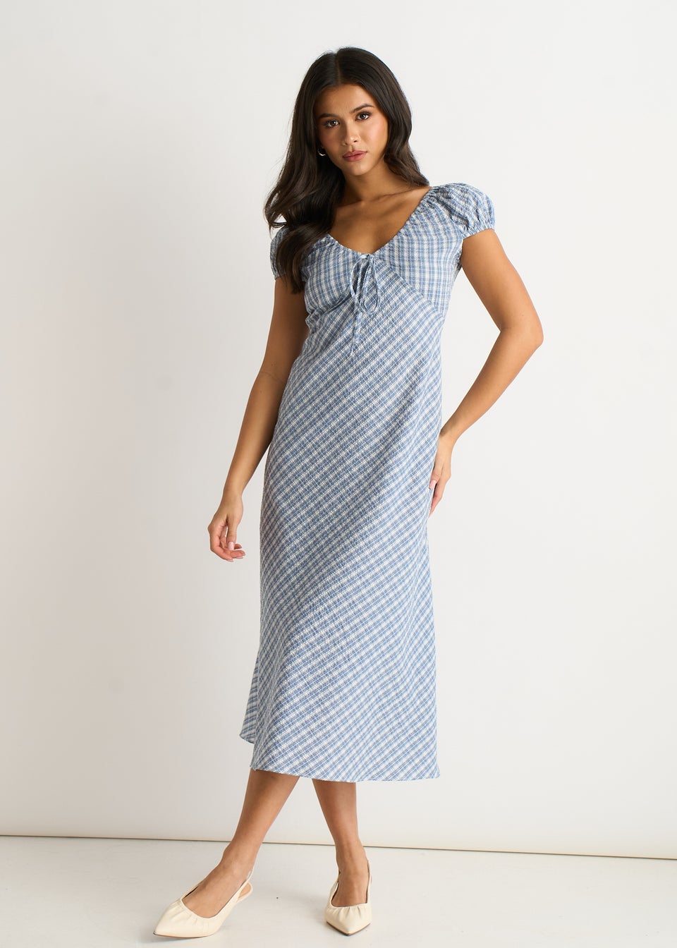Gini London Blue V Neck Textured Gingham Midi Dress