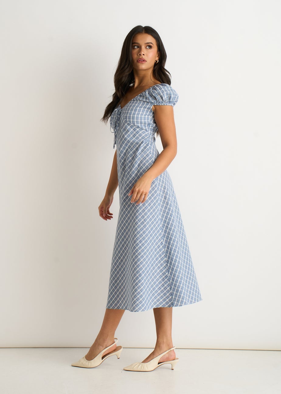 Gini London Blue V Neck Textured Gingham Midi Dress