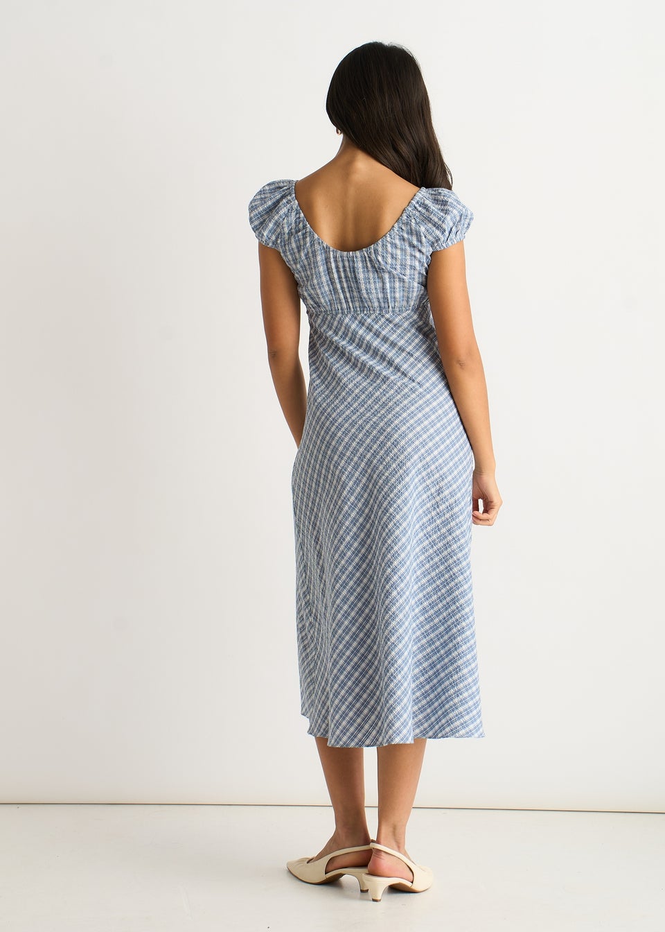 Gini London Blue V Neck Textured Gingham Midi Dress