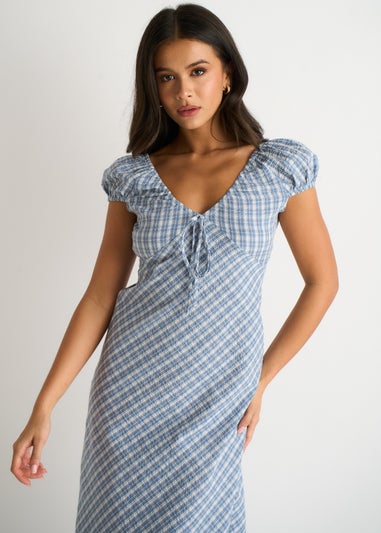 Gini London Blue V Neck Textured Gingham Midi Dress