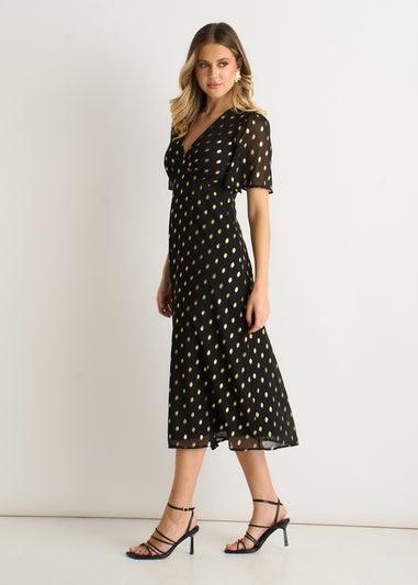 Gini London Black V Neck Foil Midi Skater Dress