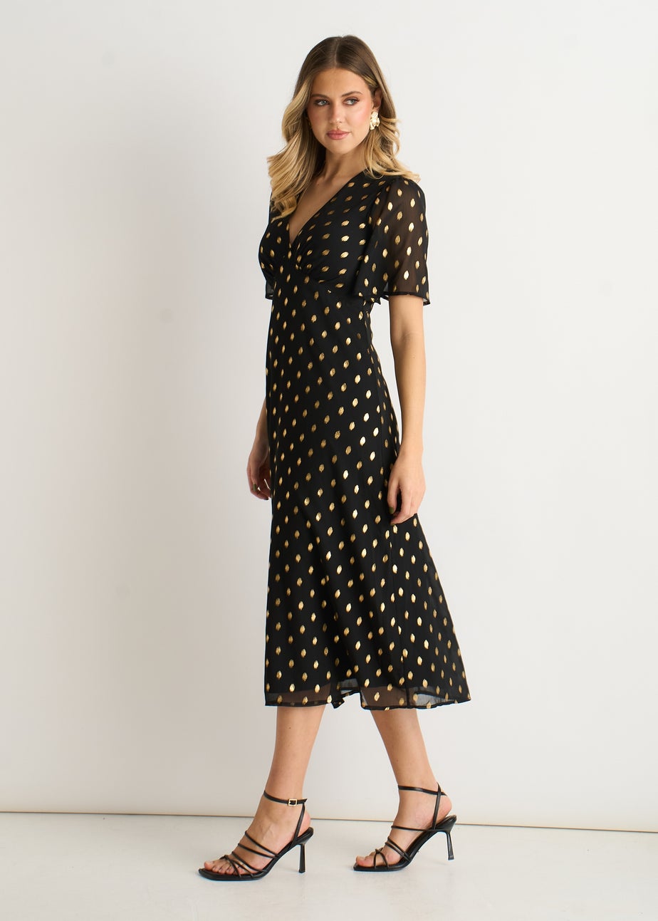 Gini London Black V Neck Foil Midi Skater Dress