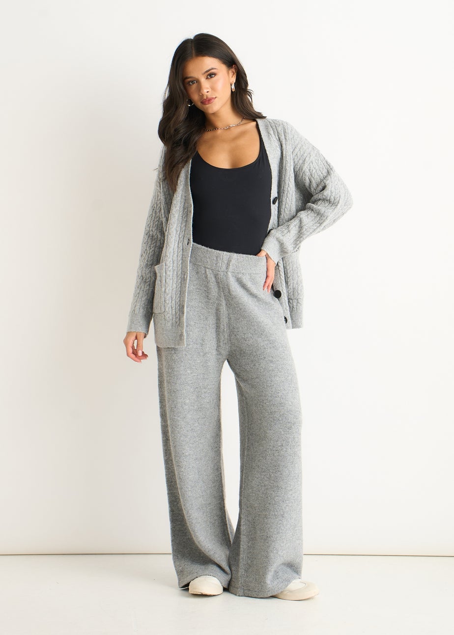 Gini London Grey Knitted Pull On wide Leg Trousers
