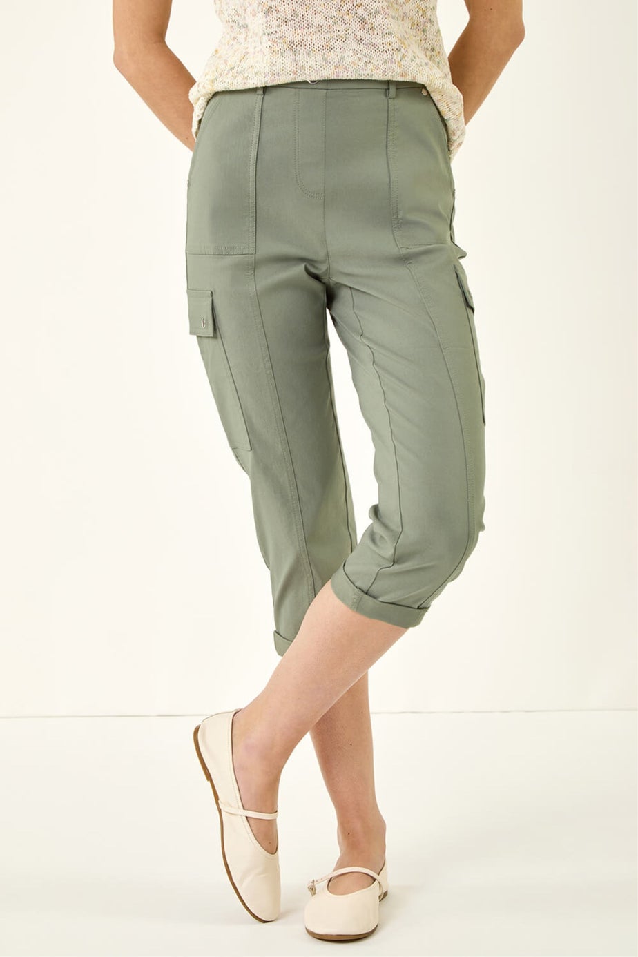 Roman Khaki Cropped Cargo Stretch Trouser