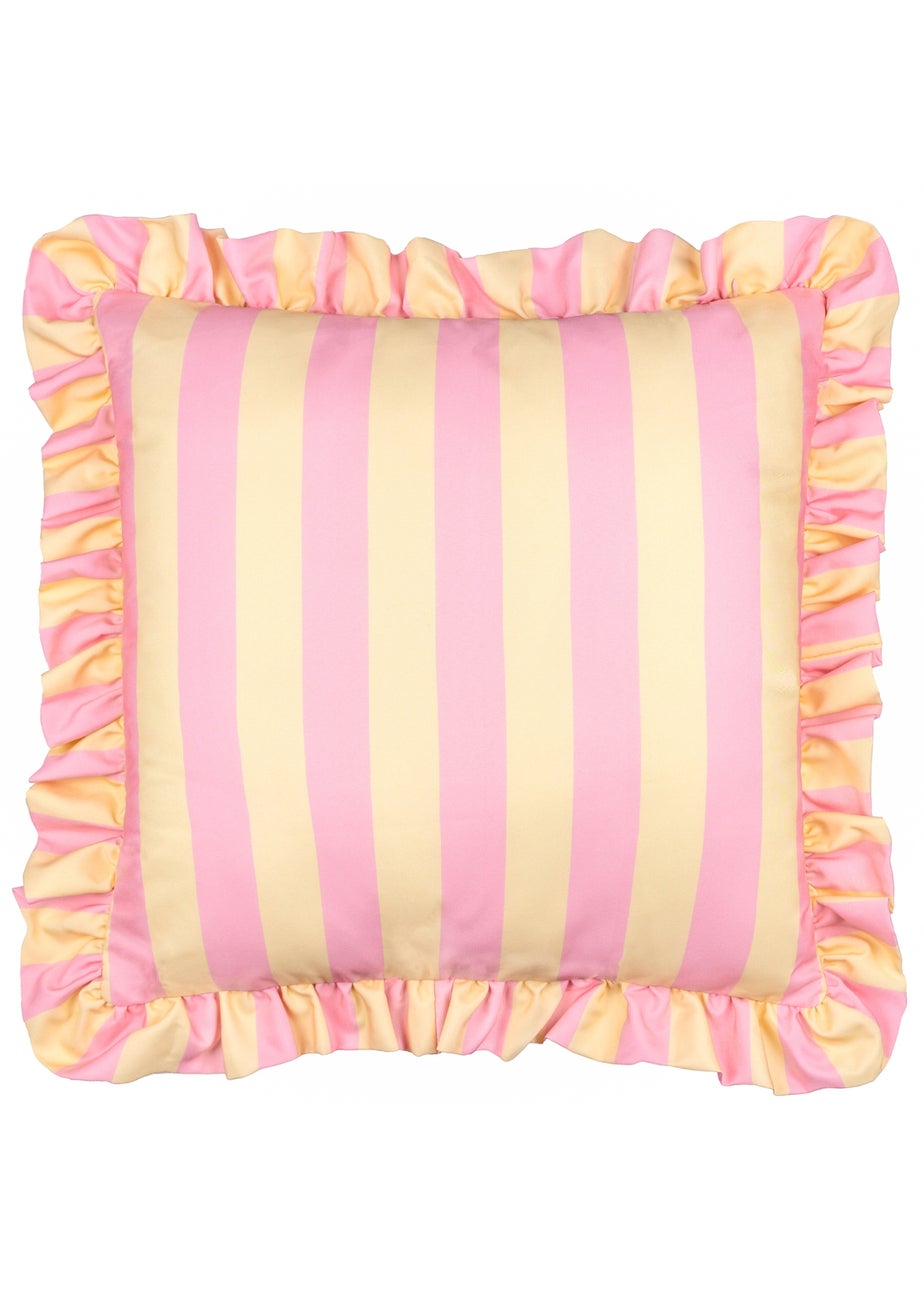 Furn Palm Royale Stripe Ruffle Pink/Yellow Outdoor Cushion (50 x 50cm)