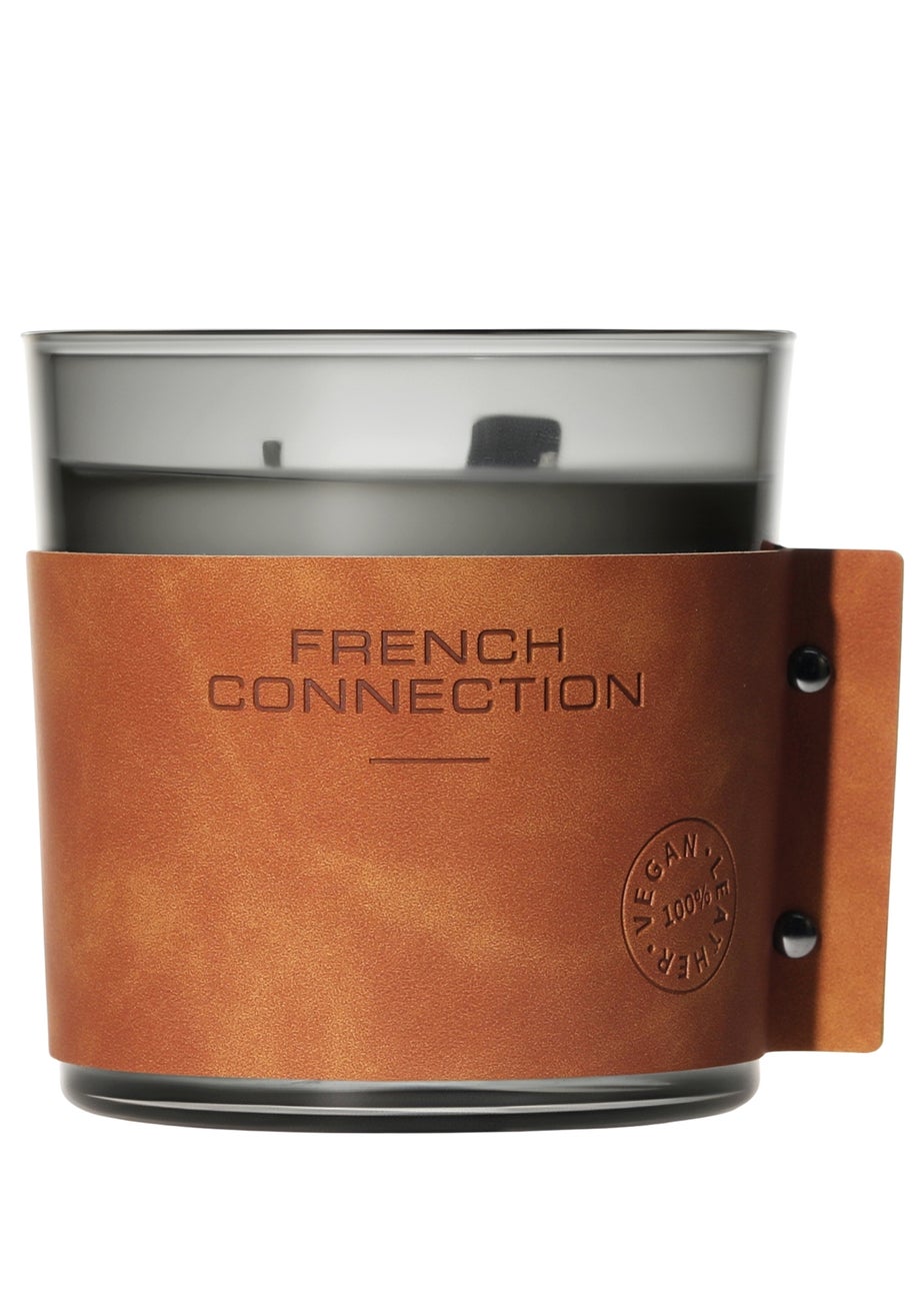 French Connection Large Scented 340g Candle Leather Range White Sandalwood & Cedar (1 Wick)