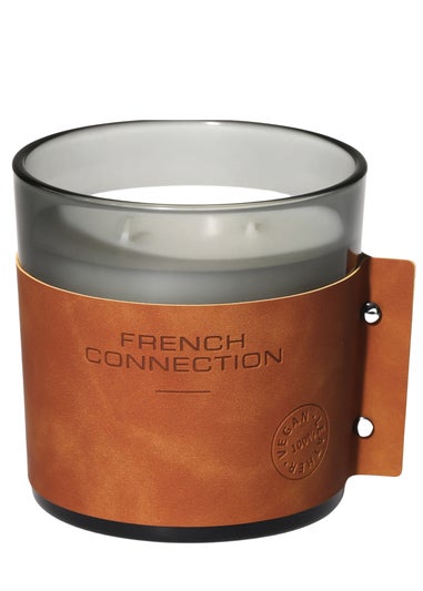 French Connection Large Scented 340g Candle Leather Range White Sandalwood & Cedar (1 Wick)