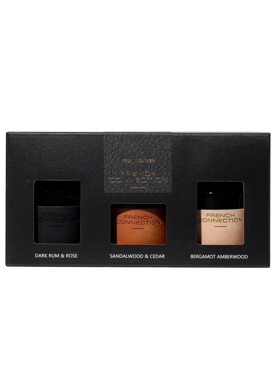 French Connection Candle Giftset Leather Range Black Rum, Sandalwood, Bergamot  3 X 54G 1 Wick
