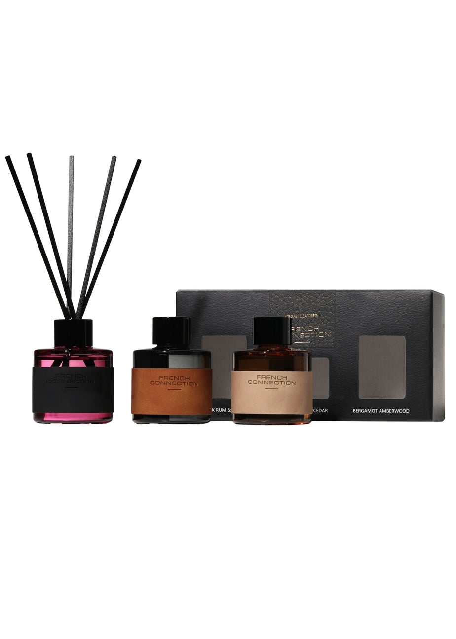French Connection Candle Giftset Leather Range Black Rum, Sandalwood, Bergamot  3 X 54G 1 Wick