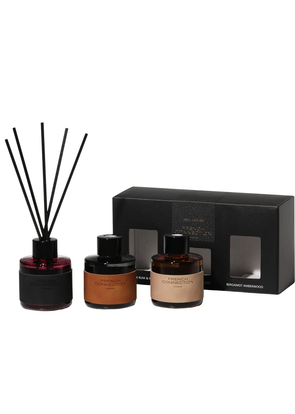 French Connection Candle Giftset Leather Range Black Rum, Sandalwood, Bergamot  3 X 54G 1 Wick