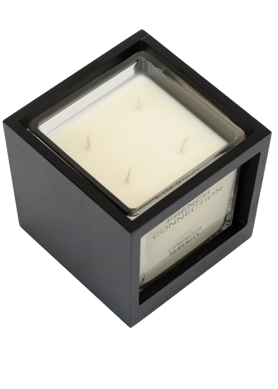 French Connection Large Scented Candle 480G Black Wooden Surround Luminous Serenity 4 Wick