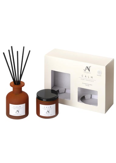 Aroma Naturals London Brown Aromatherapy Candle & Reed Diffuser Gift Set Calm Scent
