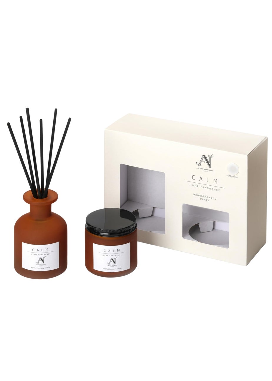 Aroma Naturals London Brown Aromatherapy Candle & Reed Diffuser Gift Set Calm Scent
