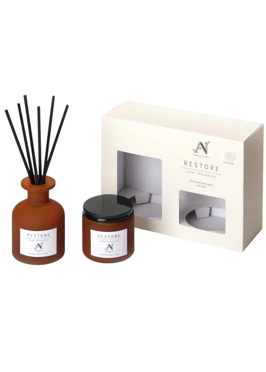 Aroma Naturals London Brown Aromatherapy Candle & Reed Diffuser Gift Set Restore Scent