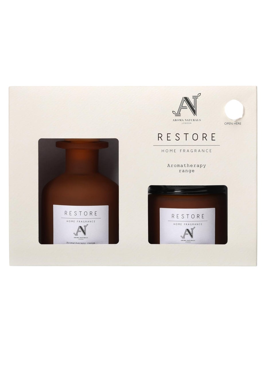 Aroma Naturals London Brown Aromatherapy Candle & Reed Diffuser Gift Set Restore Scent