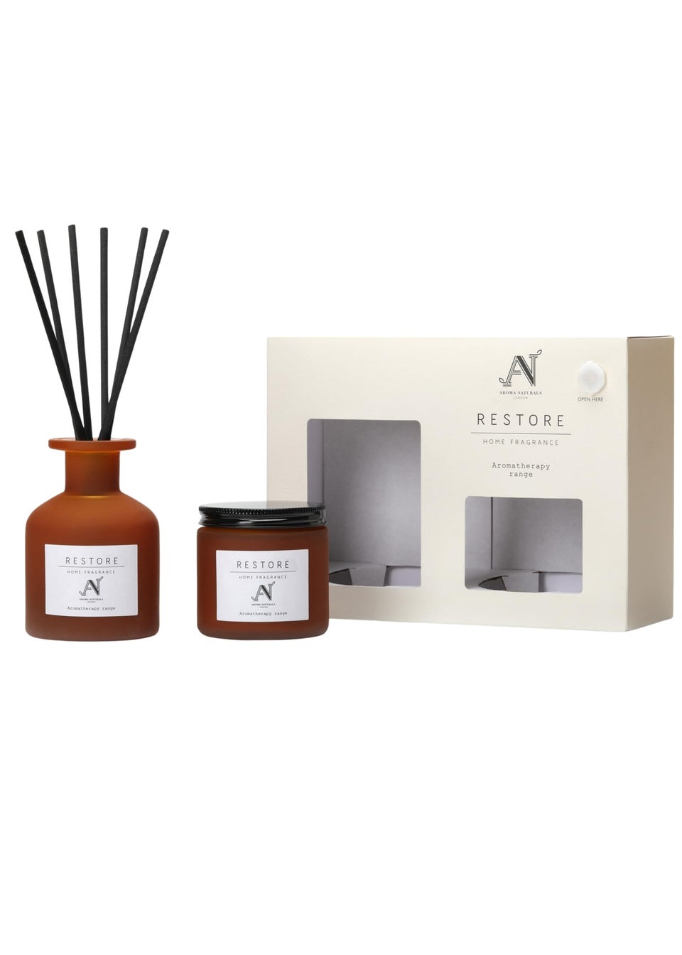 Aroma Naturals London Brown Aromatherapy Candle & Reed Diffuser Gift Set Restore Scent