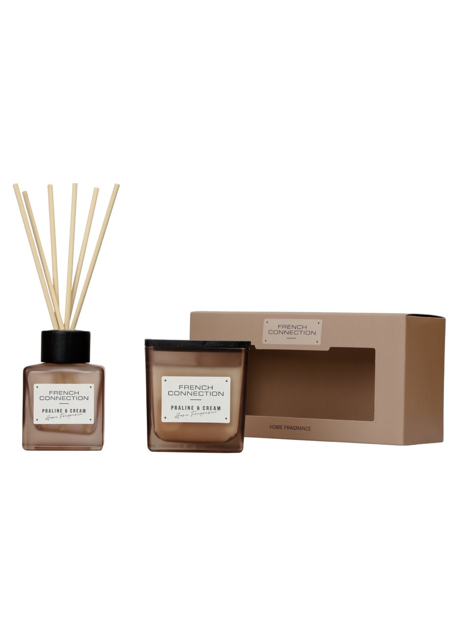 French Connection Scented Candle & Reed Diffuser Giftset Square Range Brown Praline & Cream (200g & 100ml)