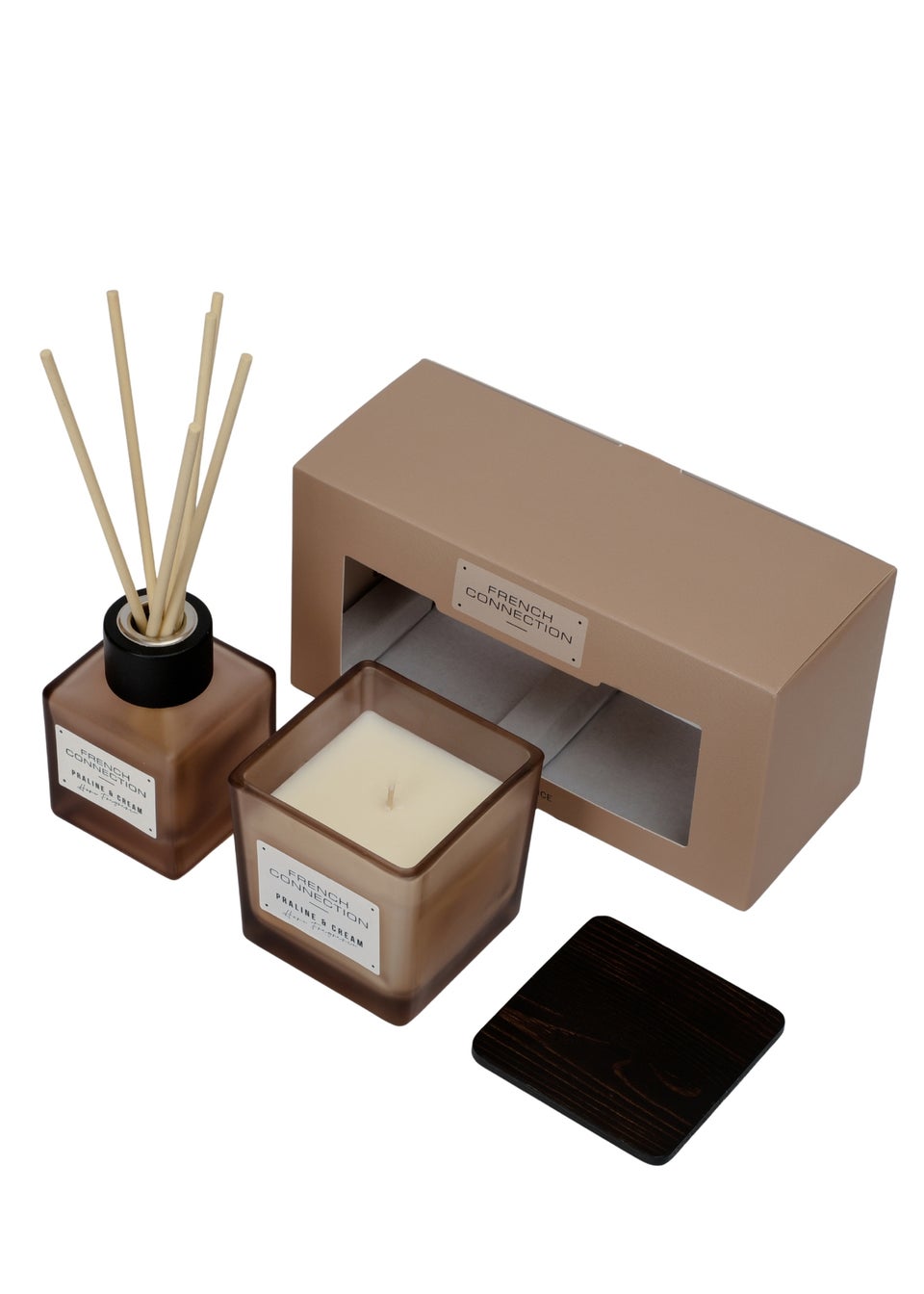 French Connection Scented Candle & Reed Diffuser Giftset Square Range Brown Praline & Cream (200g & 100ml)