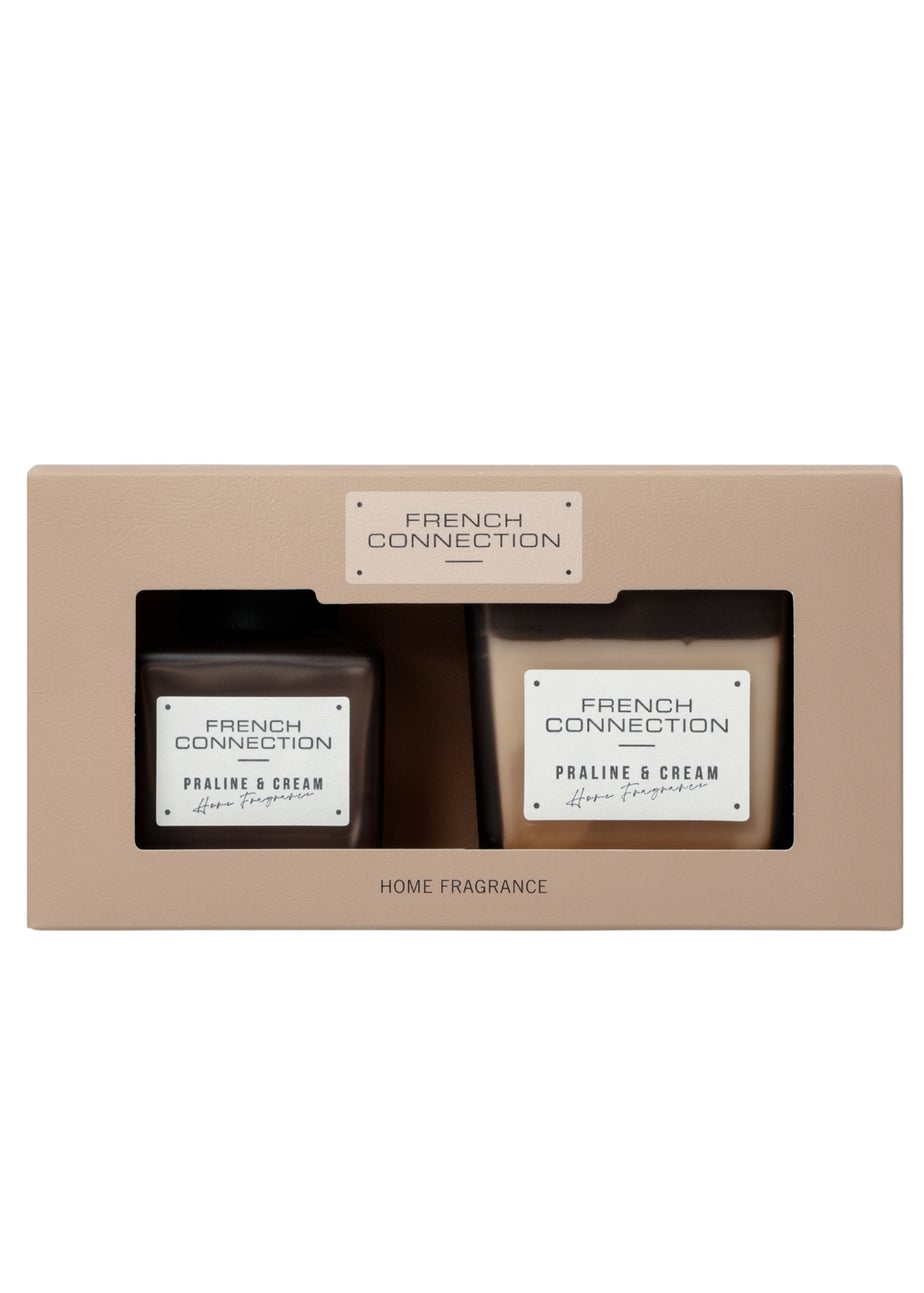 French Connection Scented Candle & Reed Diffuser Giftset Square Range Brown Praline & Cream (200g & 100ml)