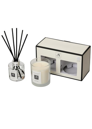 Aroma Naturals London White Minimalist Luxe Candle & Reed Diffuser Gift Set Purete Noir Scent