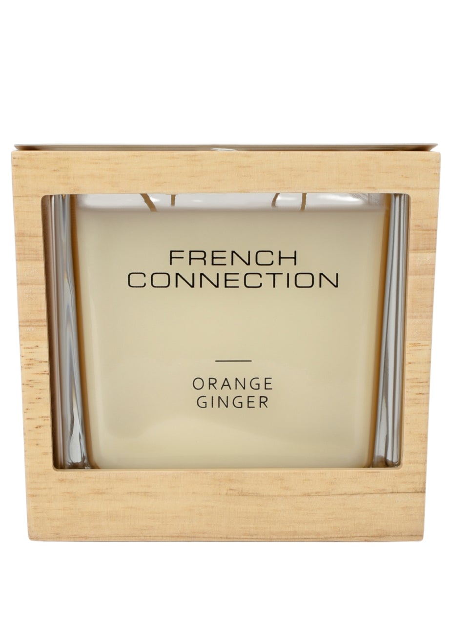 French Connection Large Scented Candle 480G Natural Wooden Surround Orange & Ginger (4 Wick)