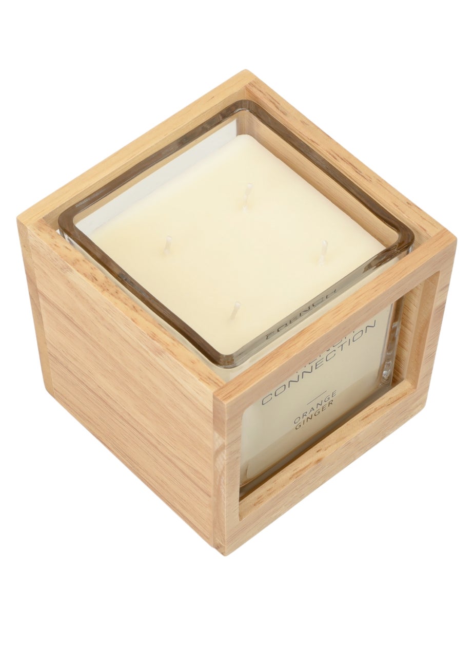 French Connection Large Scented Candle 480G Natural Wooden Surround Orange & Ginger (4 Wick)