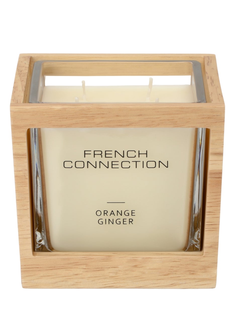French Connection Large Scented Candle 480G Natural Wooden Surround Orange & Ginger (4 Wick)
