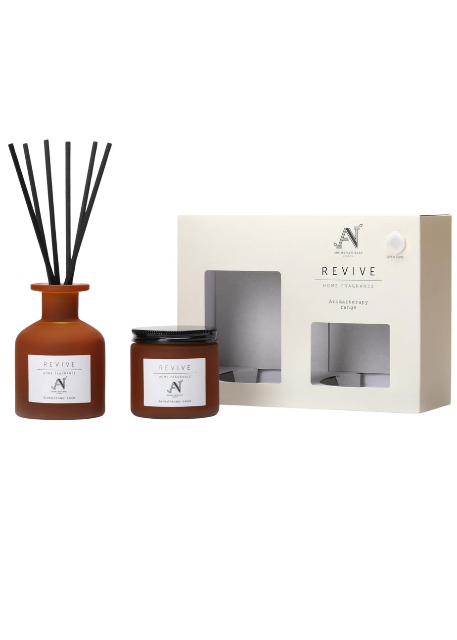 Aroma Naturals London Brown Aromatherapy Candle & Reed Diffuser Gift Set Revive Scent