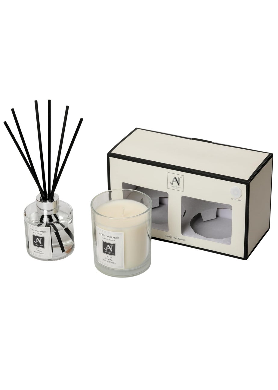 Aroma Naturals London White Minimalist Luxe Candle & Reed Diffuser Gift Set  Femme Merveilleuse Scent