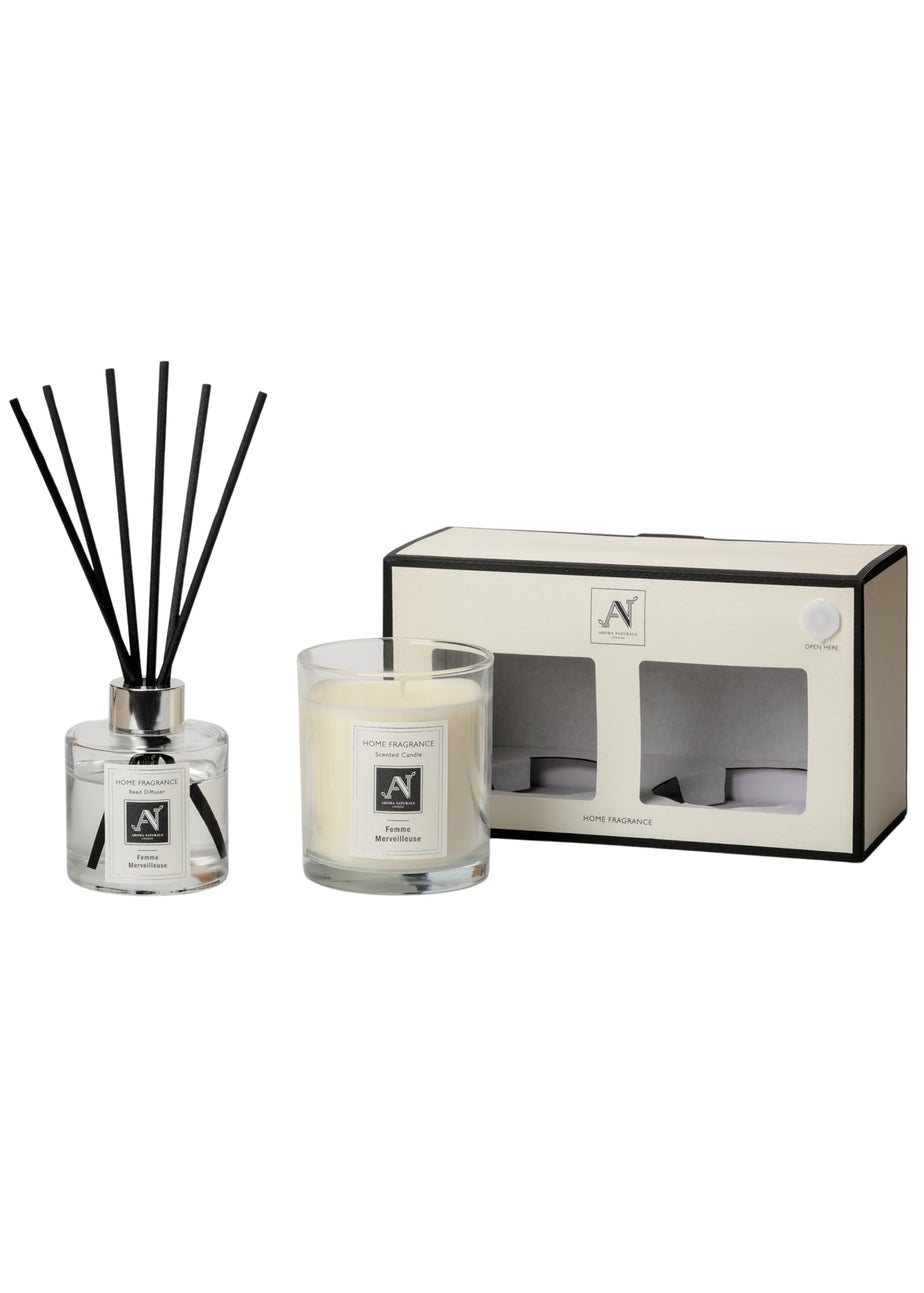 Aroma Naturals London White Minimalist Luxe Candle & Reed Diffuser Gift Set  Femme Merveilleuse Scent