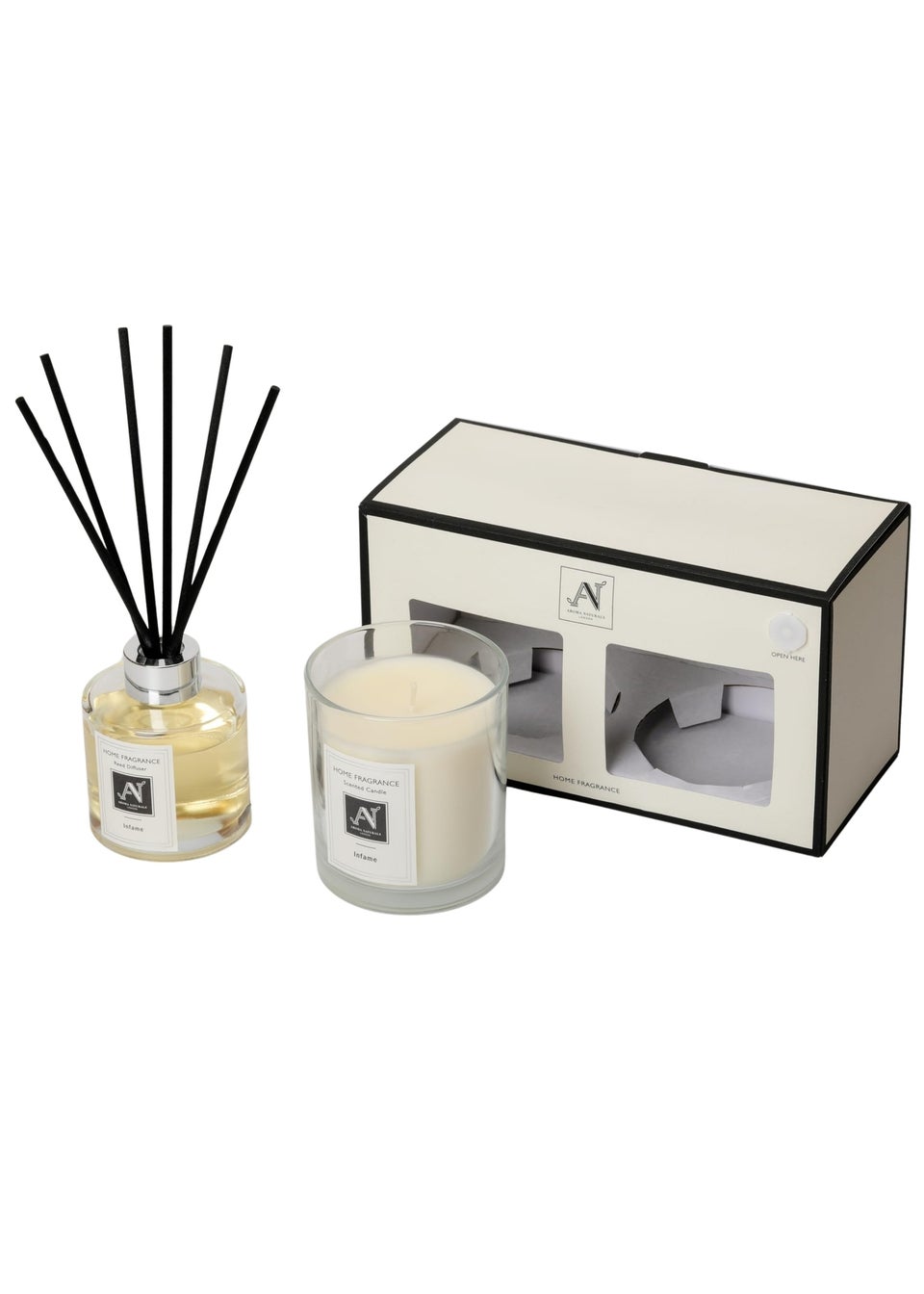 Aroma Naturals London White Minimalist Luxe Candle & Reed Diffuser Gift Set Infame Scent