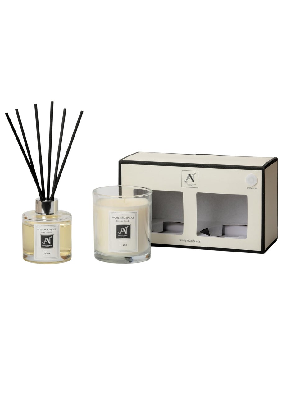 Aroma Naturals London White Minimalist Luxe Candle & Reed Diffuser Gift Set Infame Scent