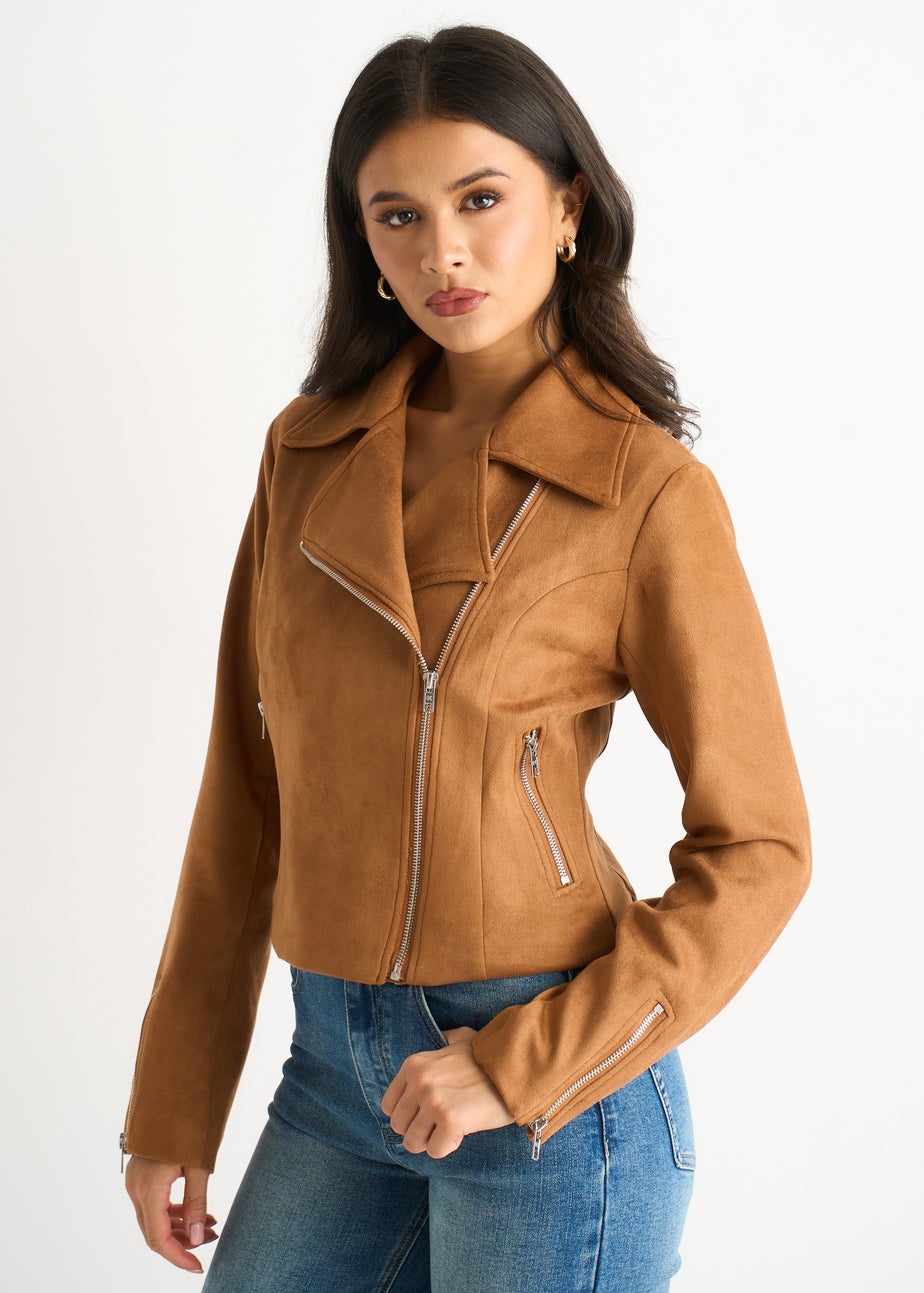 Gini London Brown Faux Suede Biker Jacket
