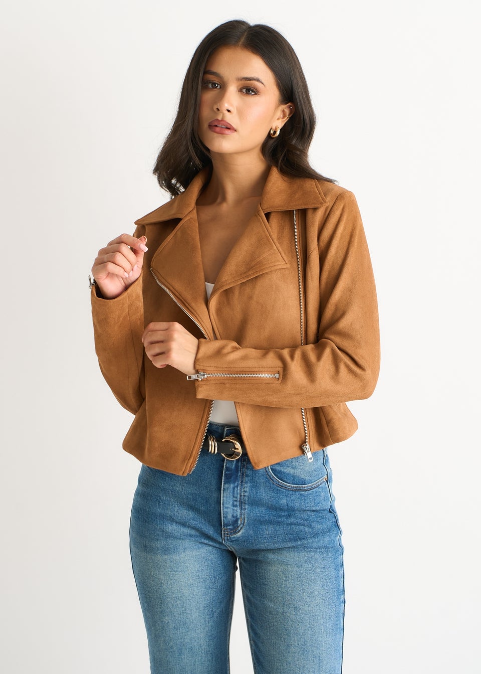 Gini London Brown Faux Suede Biker Jacket