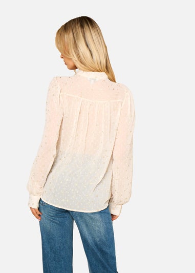 Gini London Oatmeal Tie Neck Long Sleeve Top