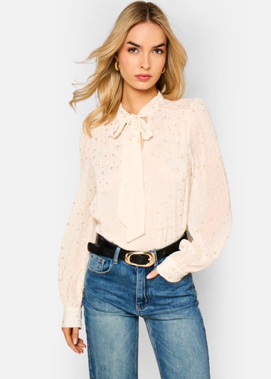 Gini London Oatmeal Tie Neck Long Sleeve Top