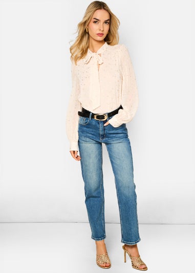 Gini London Oatmeal Tie Neck Long Sleeve Top