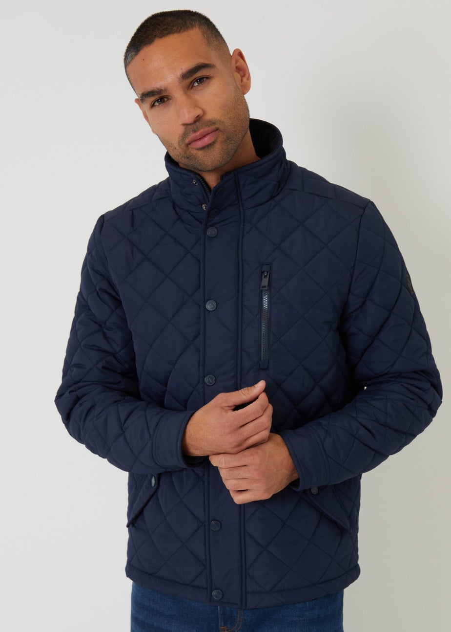 Threadbare Navy Showerproof Funnel Neck Quilted Jacket