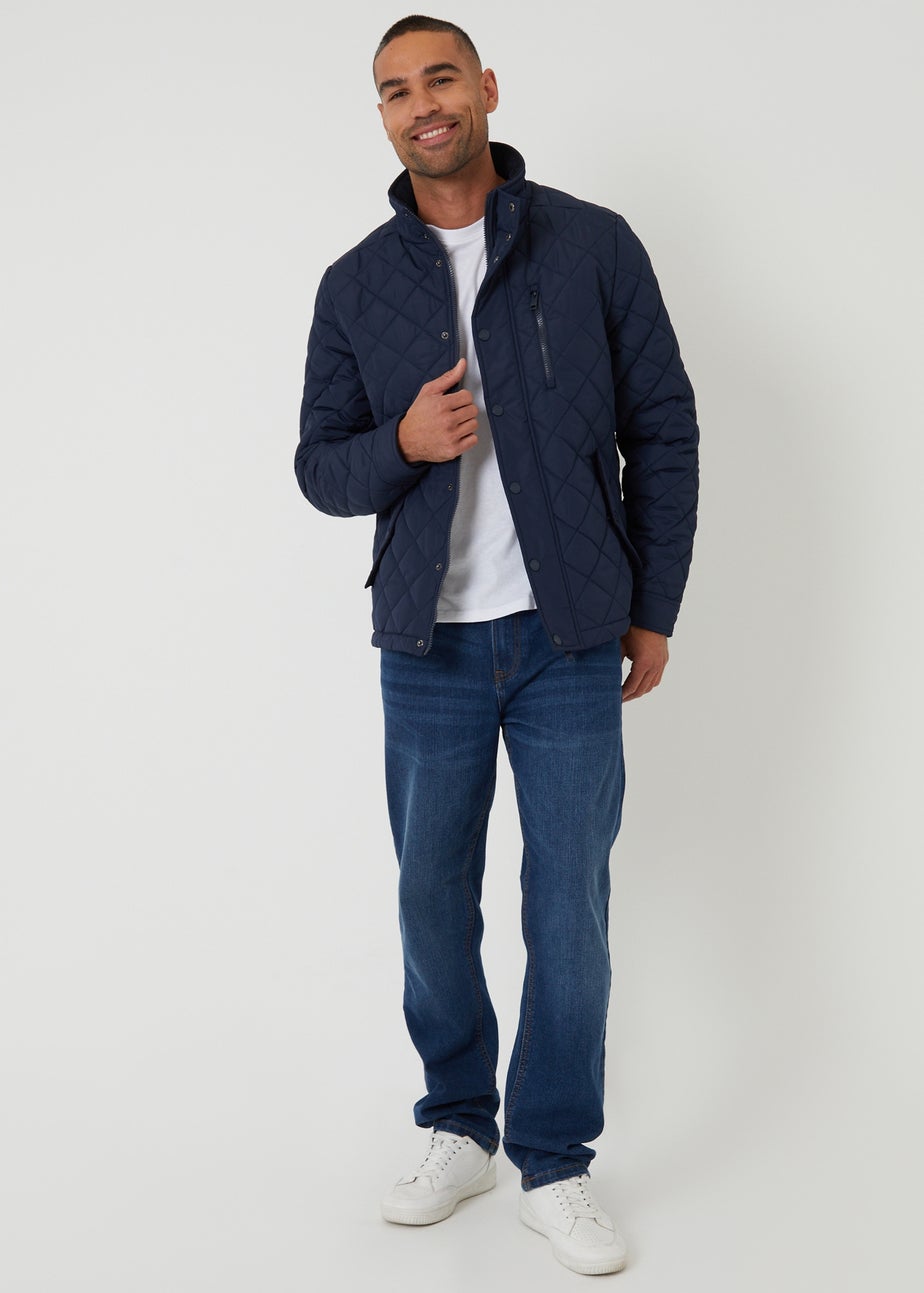 Threadbare Navy Showerproof Funnel Neck Quilted Jacket