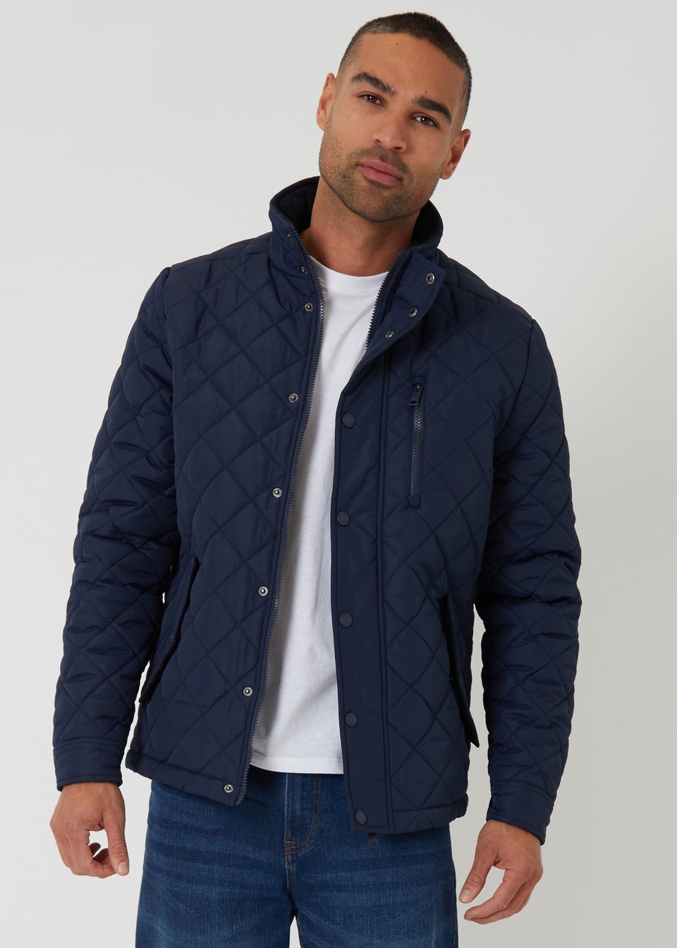 Threadbare Navy Showerproof Funnel Neck Quilted Jacket