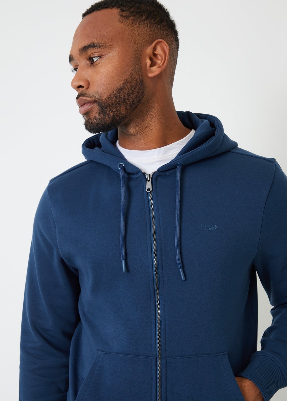 Threadbare Dark Blue Cotton Blend Zip Through Hoodie