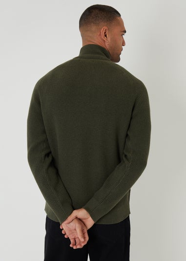 Threadbare Green Cotton Blend Rib Panel Quarter Zip Knitted Jumper