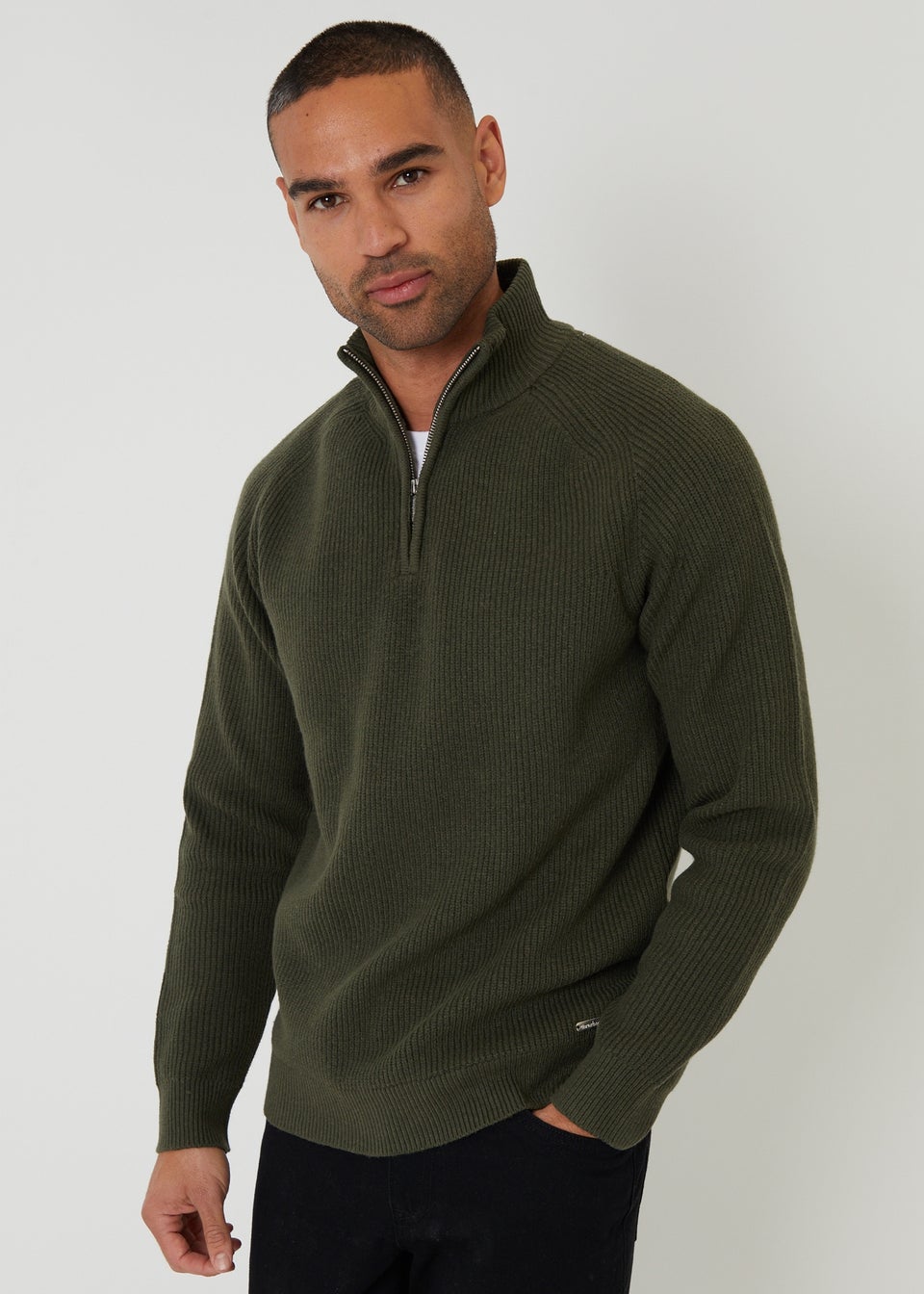 Threadbare Green Cotton Blend Rib Panel Quarter Zip Knitted Jumper