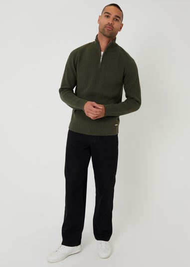Threadbare Green Cotton Blend Rib Panel Quarter Zip Knitted Jumper