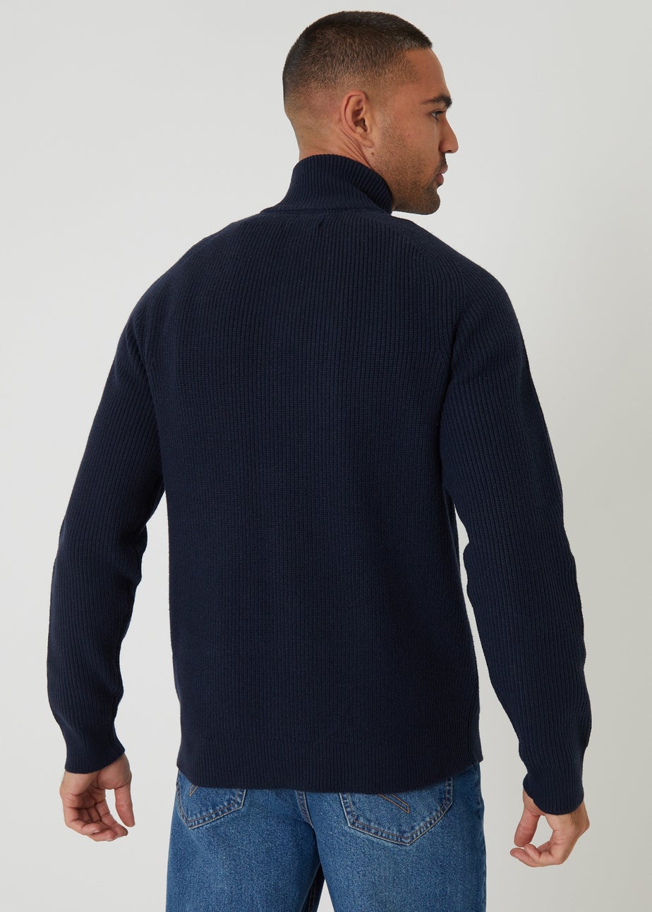Threadbare Navy Cotton Blend Rib Panel Quarter Zip Knitted Jumper