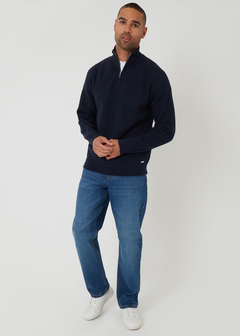 Threadbare Navy Cotton Blend Rib Panel Quarter Zip Knitted Jumper