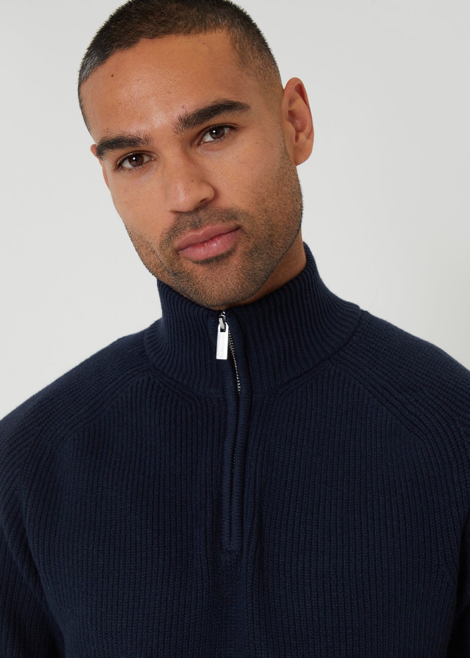 Threadbare Navy Cotton Blend Rib Panel Quarter Zip Knitted Jumper