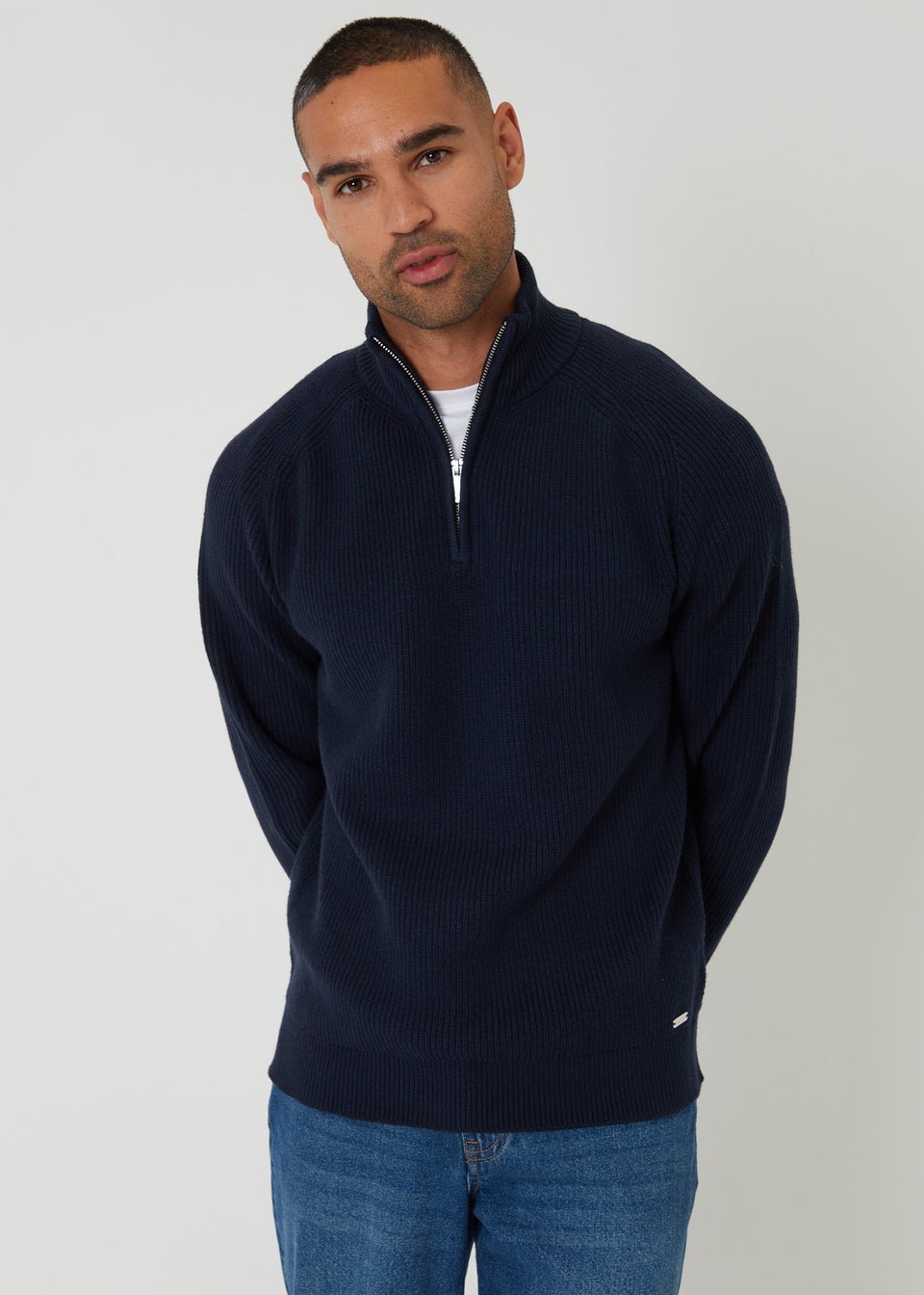 Threadbare Navy Cotton Blend Rib Panel Quarter Zip Knitted Jumper