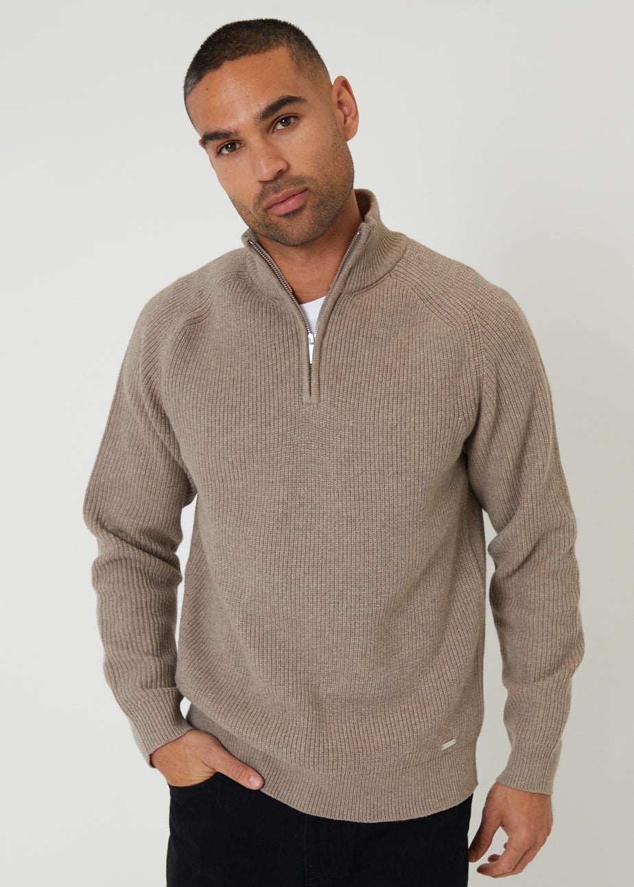 Threadbare Taupe Cotton Blend Rib Panel Quarter Zip Knitted Jumper