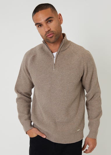 Threadbare Taupe Cotton Blend Rib Panel Quarter Zip Knitted Jumper